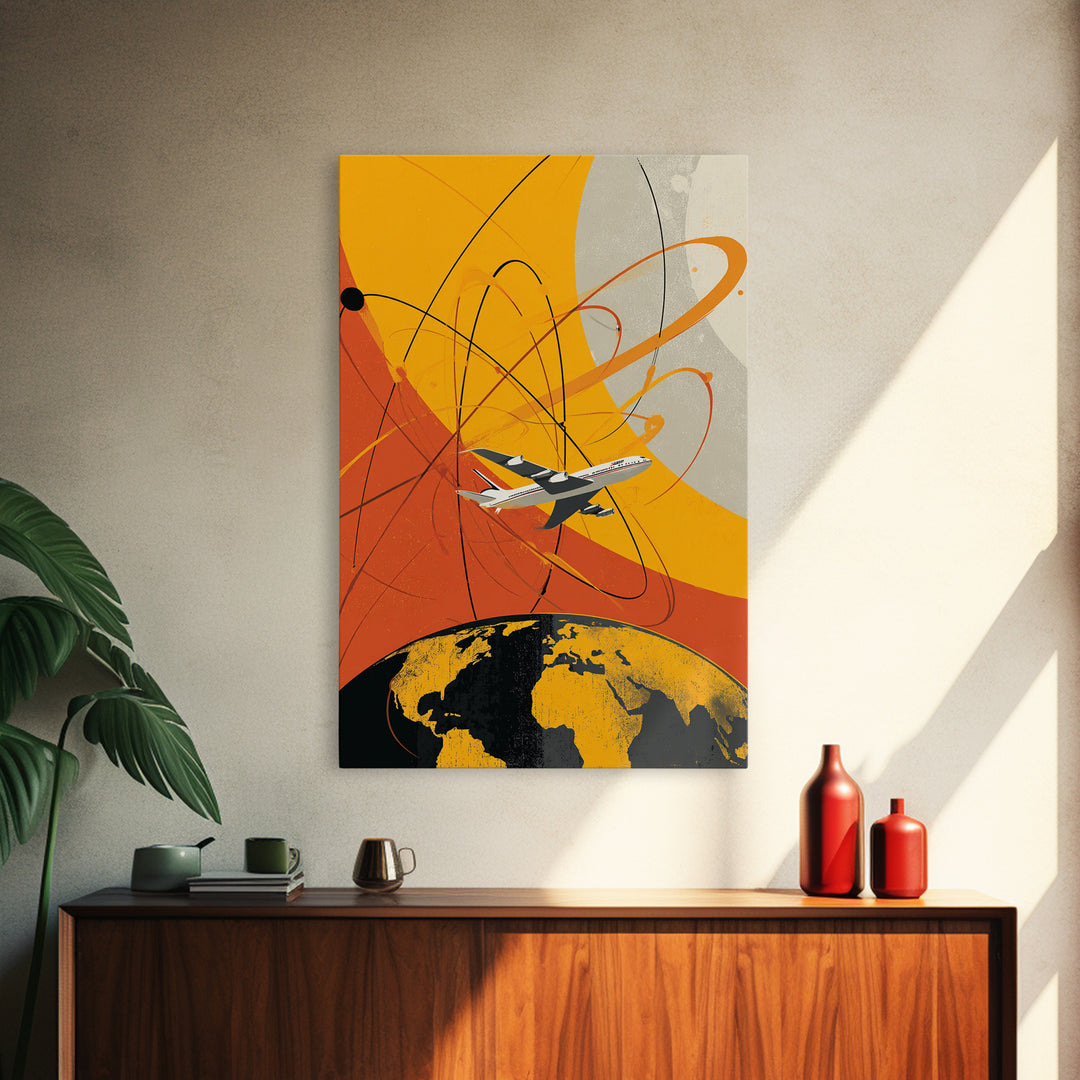 Orange Jet Airplane Orbit Wall Art, Retro Space Age Travel Poster, Midcentury Modern Aviation Decor, Bold Canvas Print For Office