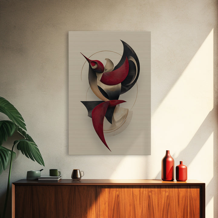 Red Black Beige Kinetic Abstract Bird Framed Canvas Print, Midcentury Modern Wall Art, Sculptural MCM Home Decor, Statement Piece