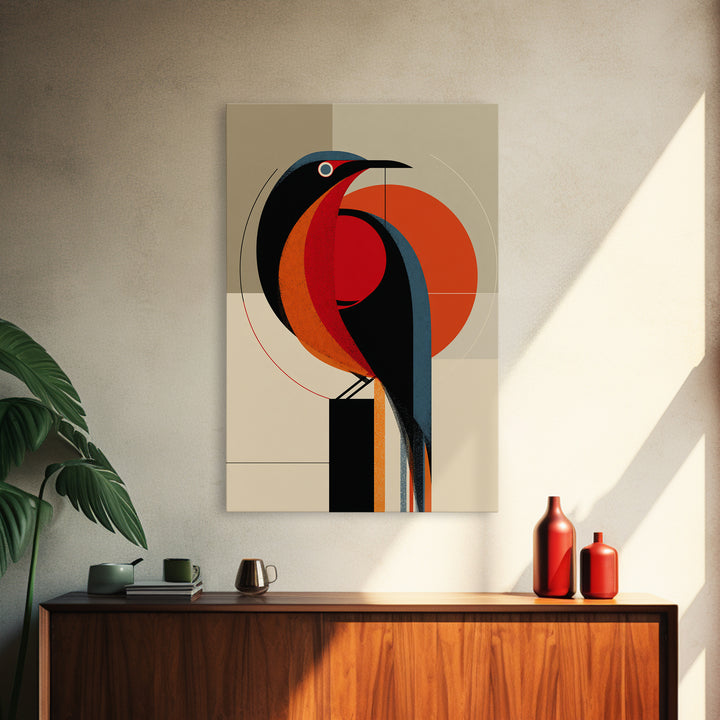 Orange Black Geometric Toucan Framed Canvas Print, Midcentury Modern Wall Art, Atomic Bird Poster, Bold MCM Decor, For Office
