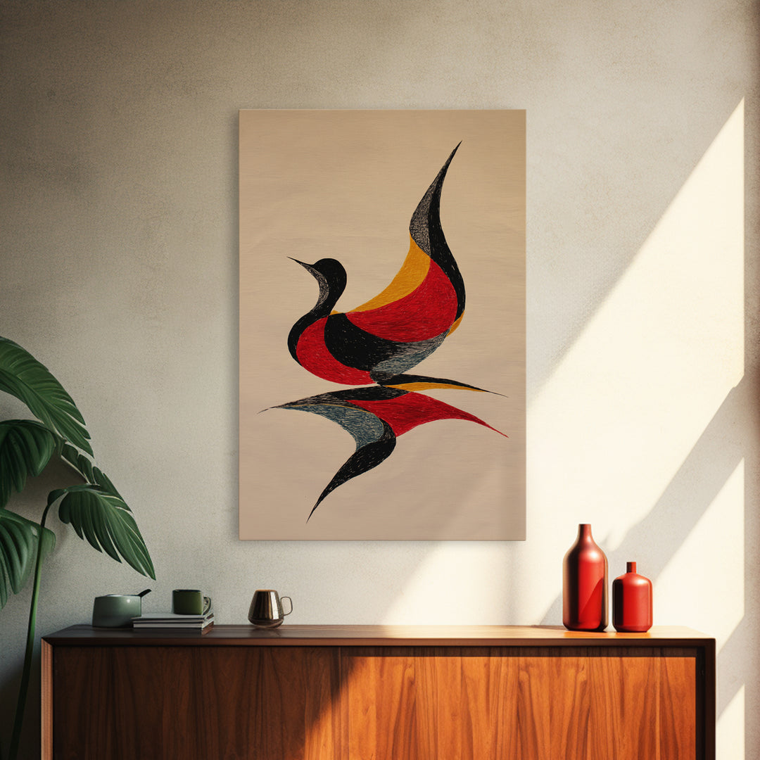 Red Black Abstract Bird Canvas Print, Midcentury Modern Wall Art, Retro Geometric Art, Warm Beige Living Room Decor, Gift