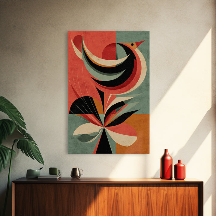 Retro Bird And Flower Wall Art, Midcentury Modern Canvas Print, Colorful Geometric Poster, MCM Botanical Home Decor, Gift