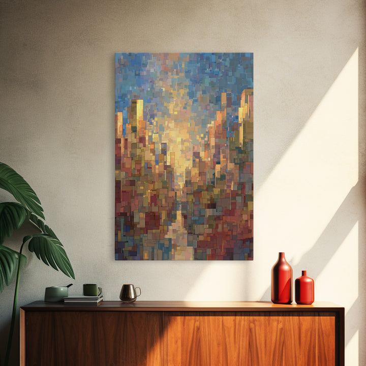 Pixelated Sunset Cityscape Wall Art, Modern Abstract Art Print, Urban Skyline Poster, Colorful Living Room Office Decor, Gift