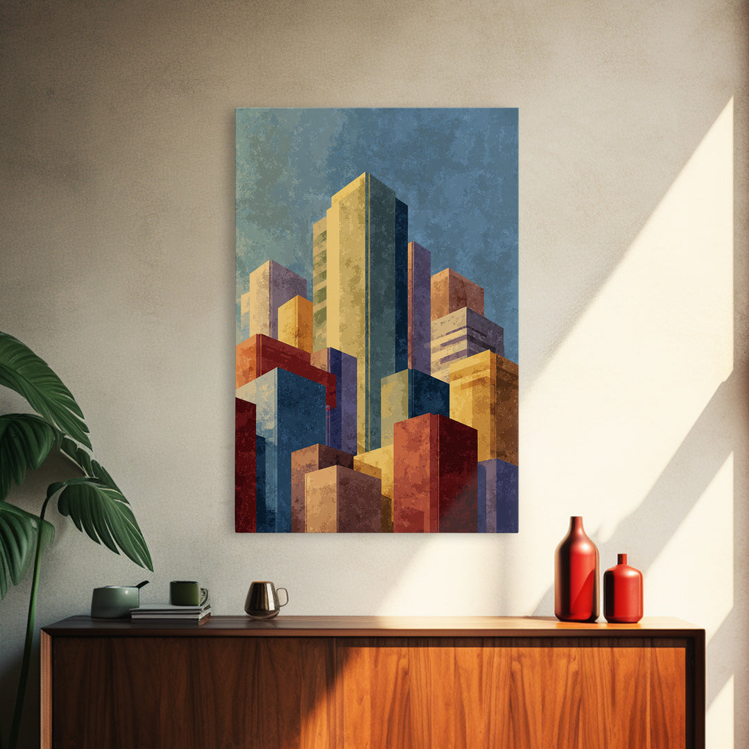 Golden Abstract City Skyline Wall Art, Mid Century Modern Print, Urban Architecture Decor, Colorful Office Living Room Poster