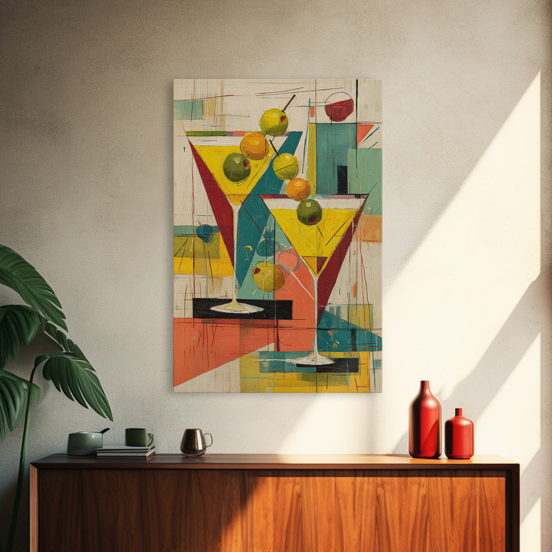 Retro Martini Glasses With Olives Wall Art, Mid Century Modern Bar Cart Decor, Cocktail Poster, Colorful Kitchen Art Print