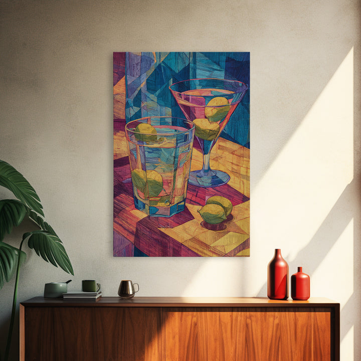 Cubist Cocktail Glasses With Limes Framed Canvas Print, Colorful Retro Wall Decor, Bar Cart Poster, Modern Kitchen Art Print