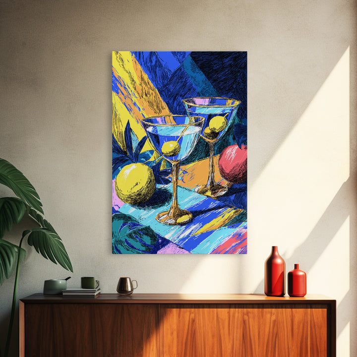 Bold Blue Martini Glasses With Lemons Canvas Print, Colorful Pop Art Bar Decor, Retro Cocktail Poster, Funky Kitchen Art