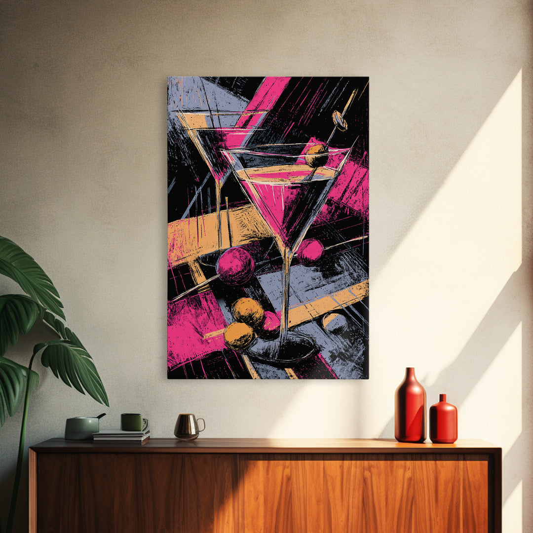 Neon Pink Martini Cocktail Wall Art, Retro Pop Art Bar Cart Decor, Maximalist Kitchen Poster, Bold Modern Canvas Print Gift