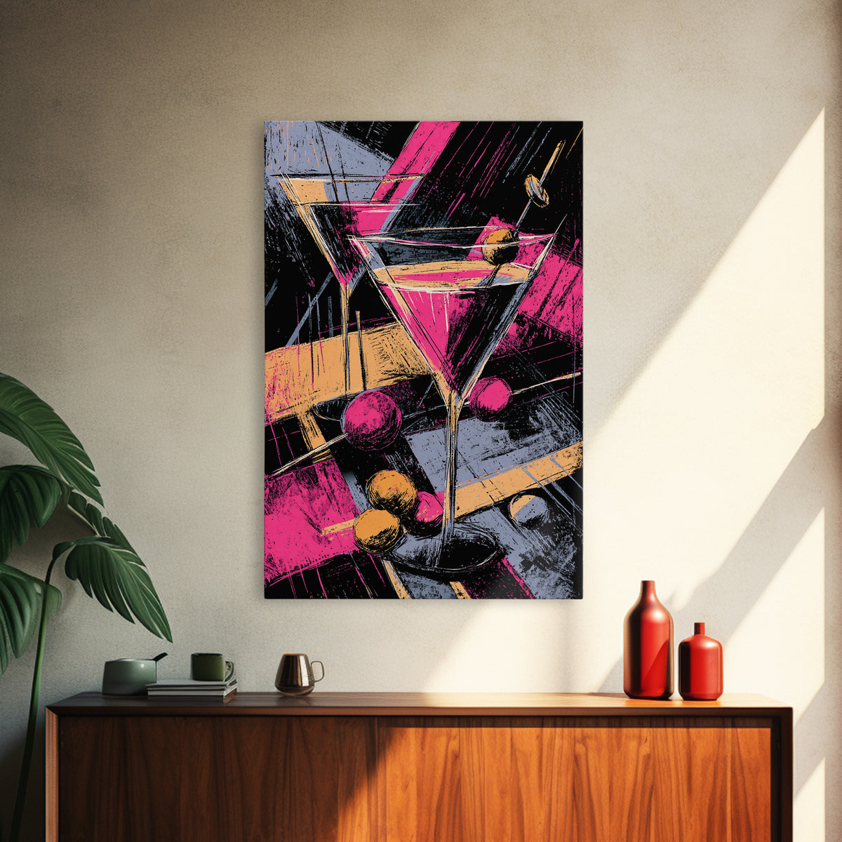 Neon Pink Martini Cocktail Wall Art, Retro Pop Art Bar Cart Decor, Maximalist Kitchen Poster, Bold Modern Canvas Print Gift