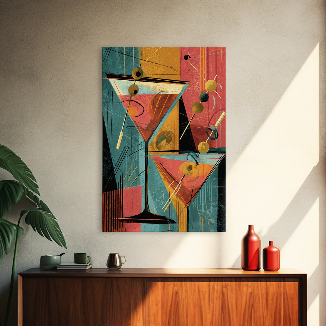 Atomic Martini Glasses With Olives Wall Art, Mid Century Modern Bar Decor, Retro Cocktail Poster, Geometric Kitchen Print