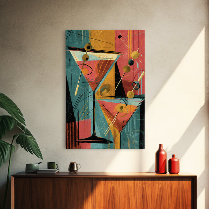 Atomic Martini Glasses With Olives Wall Art, Mid Century Modern Bar Decor, Retro Cocktail Poster, Geometric Kitchen Print