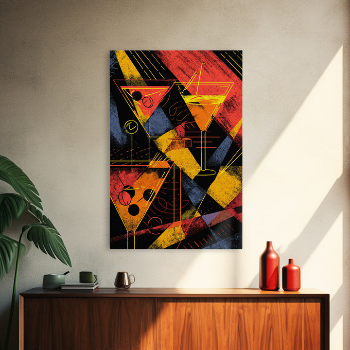Graphic Martini Trio Canvas Print, Retro Cocktail Wall Decor, Bold Red Yellow Bar Cart Poster, Atomic Modern Kitchen Art