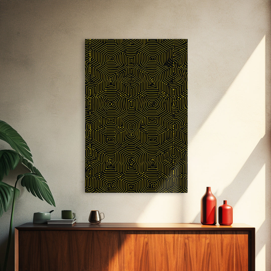 Black Yellow Maze Pattern Canvas Print, Modern Geometric Wall Art, Op Art Poster, Bold Abstract Office Decor Statement Gift