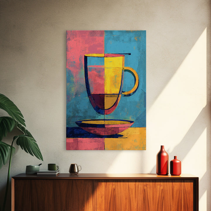 Colorful Modern Mug On Saucer Canvas Print, Mid Century Coffee Wall Decor, Abstract Kitchen Poster, Bold Cafe Art Print Gift