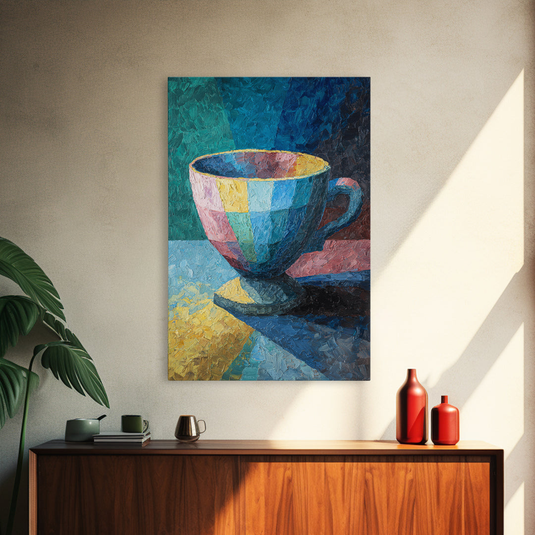 Colorful Teacup Oil Painting Canvas Print, Modern Kitchen Wall Art, Coffee Lover Gift, Vibrant Cafe Decor, Fine Art Print