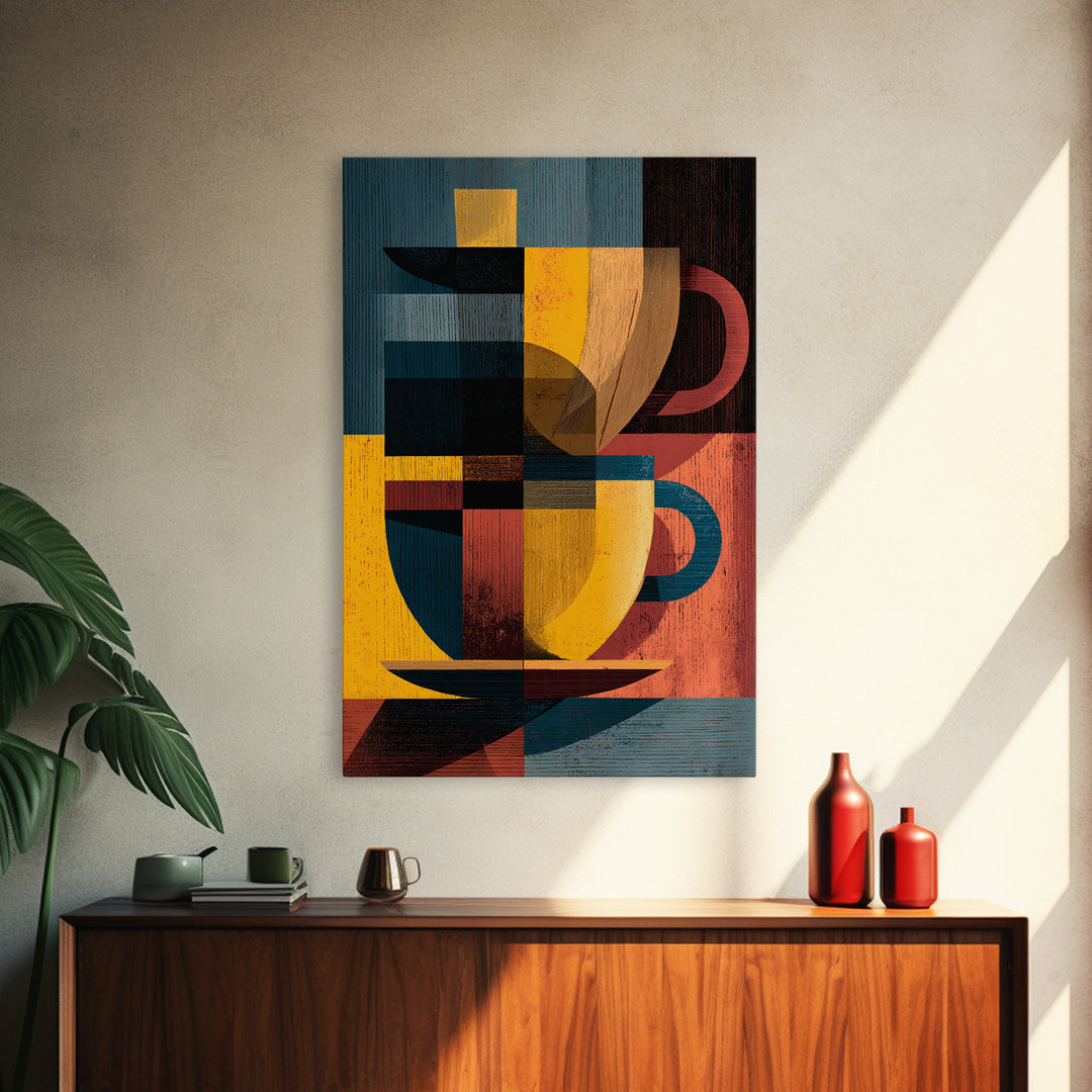 Geometric Cubist Coffee Cups Framed Canvas Print, Midcentury Modern Wall Art, Retro Kitchen Decor, Bold MCM Art Print, Home Decor
