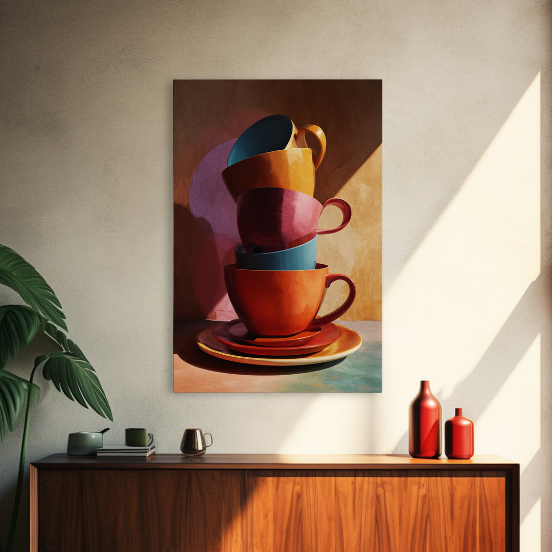 Stacked Colorful Coffee Cups Canvas Print, Modern Kitchen Wall Art, Retro Cafe Poster, Bright Home Decor, Coffee Lover Gift