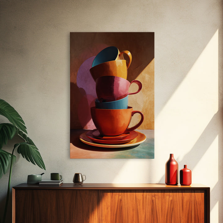 Stacked Colorful Coffee Cups Canvas Print, Modern Kitchen Wall Art, Retro Cafe Poster, Bright Home Decor, Coffee Lover Gift