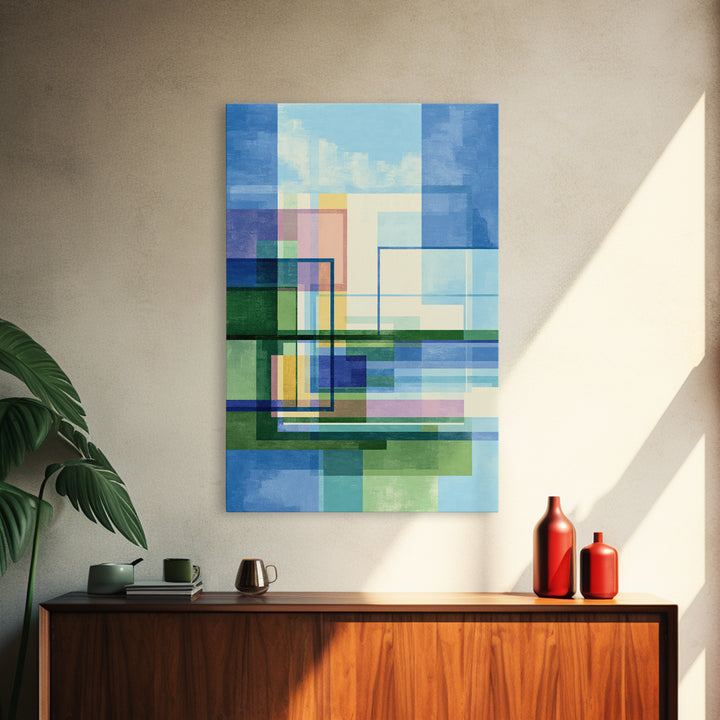 Blue Green Geometric Abstract Wall Art, Modern Art Print, Midcentury Decor, Office Wall Decor, Minimalist Canvas Print, Gift