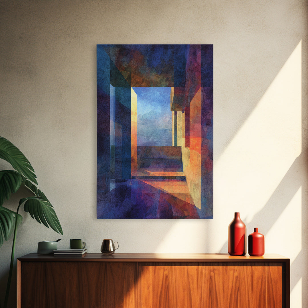 Abstract Architectural Hallway Canvas Print, Modern Wall Art, Geometric Perspective Art, Moody Blue Orange Home Office Decor