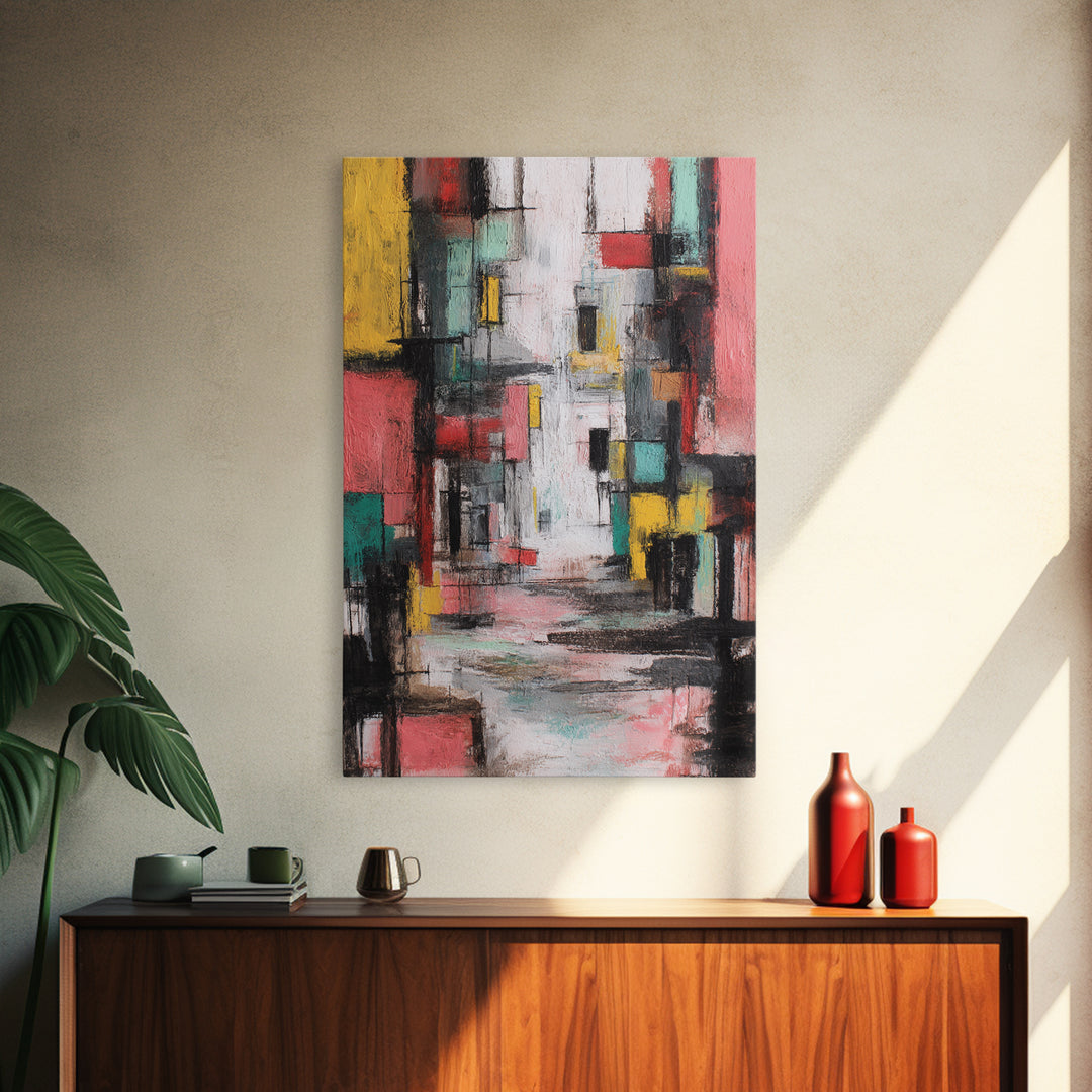 Colorful Abstract Urban Street Wall Art, Modern Art Print, Geometric Cityscape Poster, Trendy Office Decor, Canvas Print