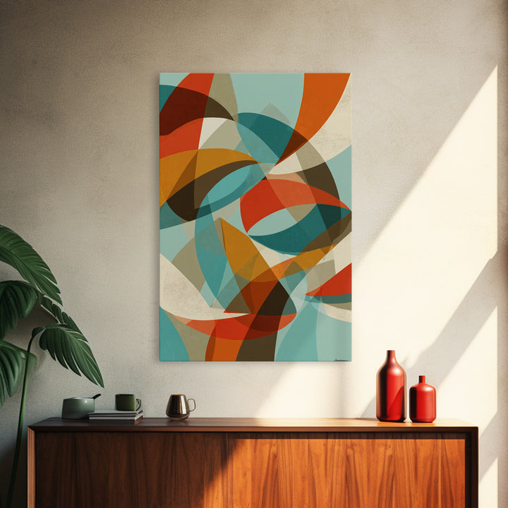 Teal Orange Abstract Curves Canvas Print, Midcentury Modern Wall Art, Geometric MCM Decor, Retro Living Room Artwork, Home Decor
