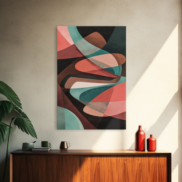 Coral Teal Dark Abstract Canvas Print, Modern Wall Art, Retro Geometric Decor, Moody Midcentury Living Room Poster, Home Office Art