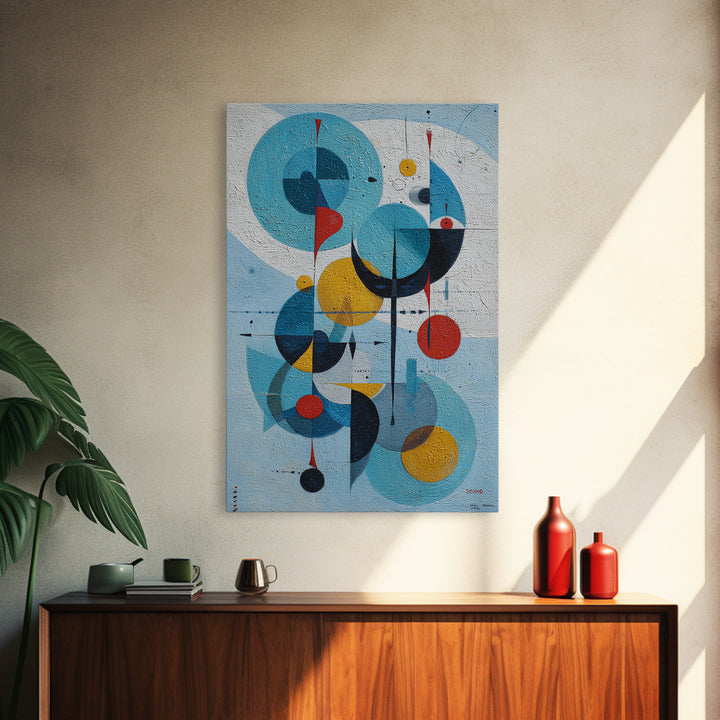 Blue Circle Bauhaus Framed Canvas Print, Midcentury Modern Wall Art, Atomic Geometric Artwork, Red Yellow MCM Decor, Living Room