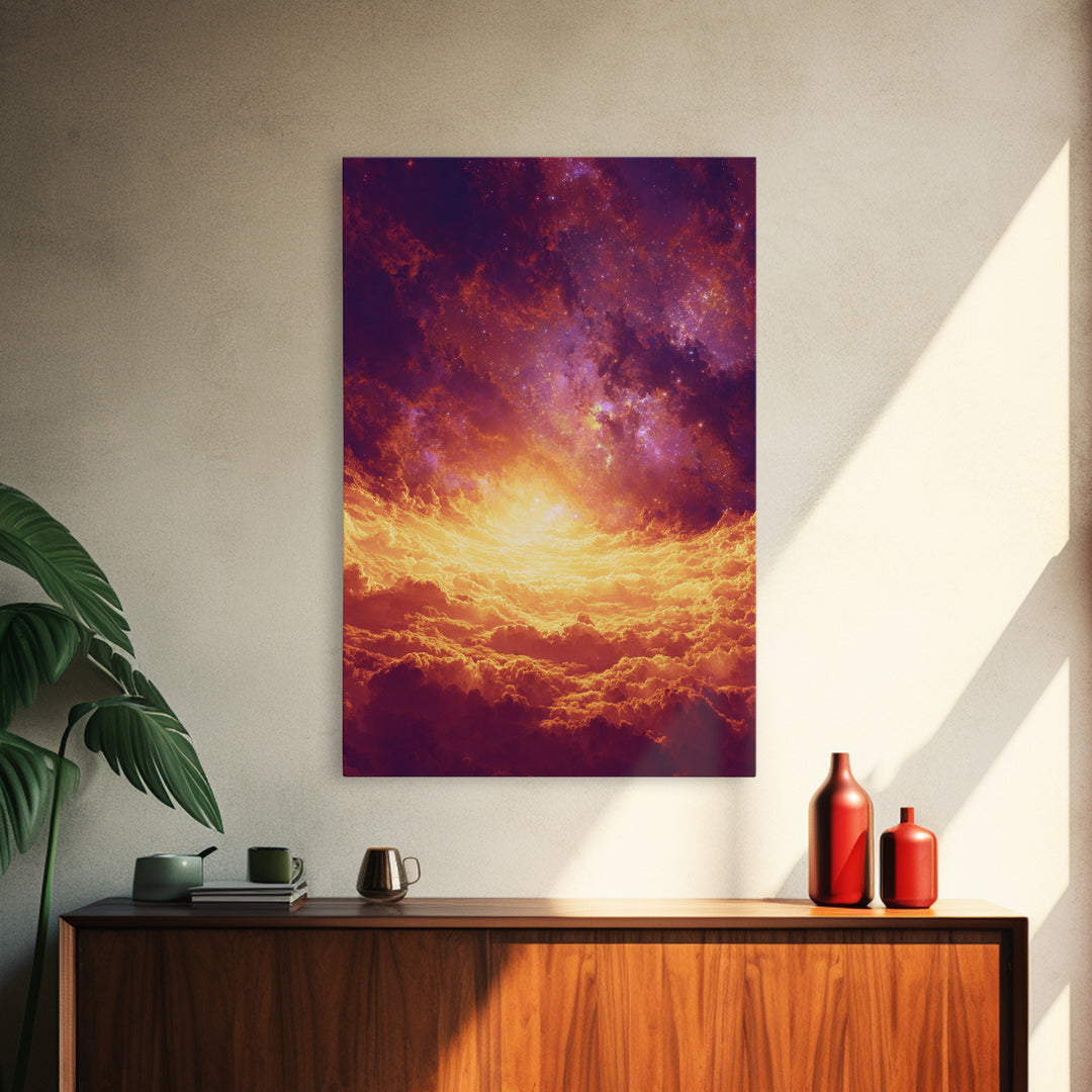 Fiery Celestial Cloudscape Canvas Print, Spiritual Wall Art, Galaxy Sky Poster, Orange Purple Modern Home Decor Gift, Bedroom Art