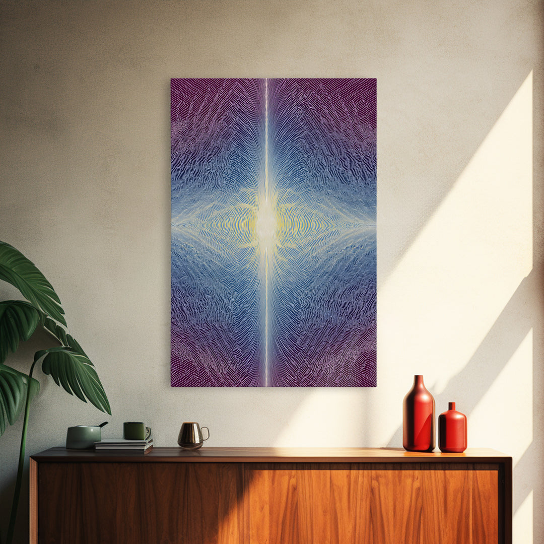 Purple Blue Radiant Light Beam Op Art Canvas Print, Modern Abstract Art, Psychedelic Wall Decor, Spiritual Digital Art Print
