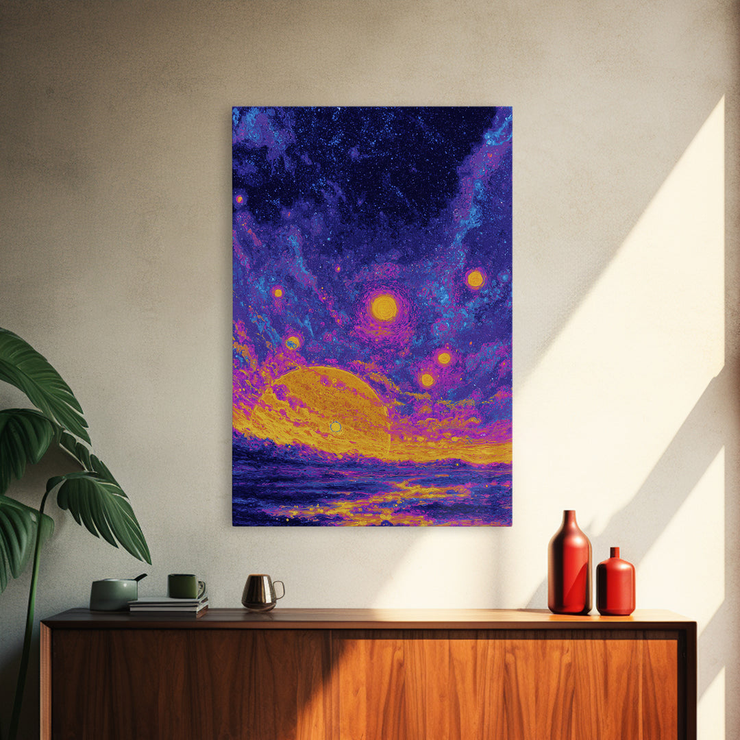 Starry Ocean Sunset Canvas Print, Cosmic Retro Wall Art, Yellow Purple Galaxy Decor, Dreamy Modern Seascape Poster, Living Room
