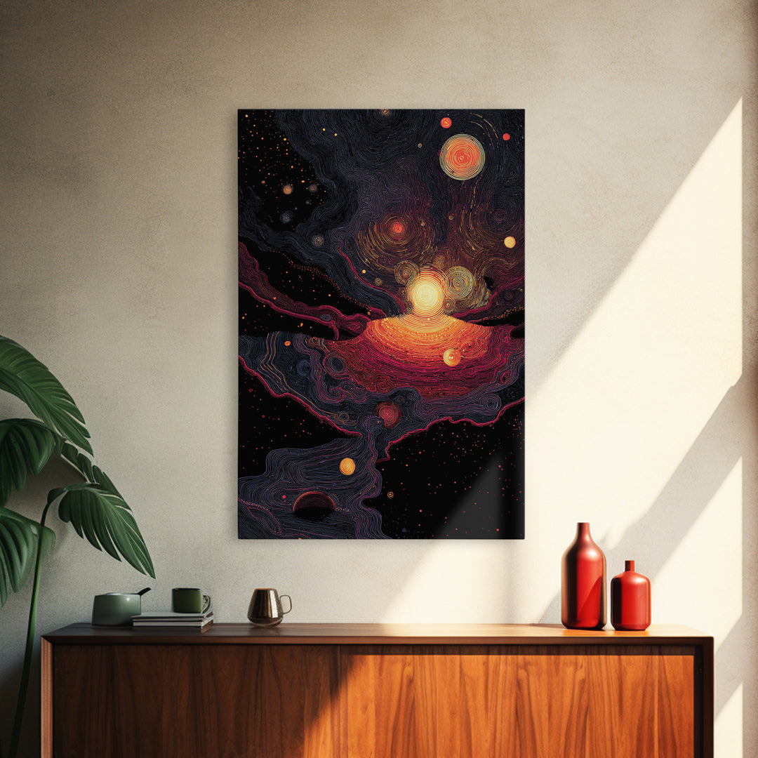 Cosmic Orange Nebula Planets Wall Art, Modern Abstract Art, Retro Sci Fi Decor, Space Poster, Statement Living Room Print