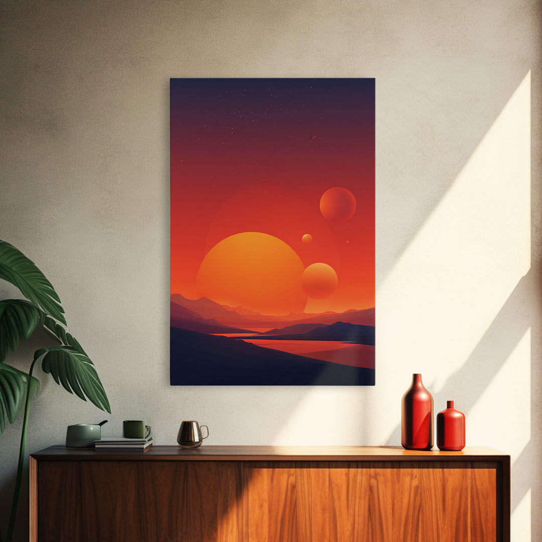 Orange Planet Desert Sunset Wall Art, Retro Sci Fi Poster, Midcentury Modern Decor, Space Landscape, Living Room Art Print