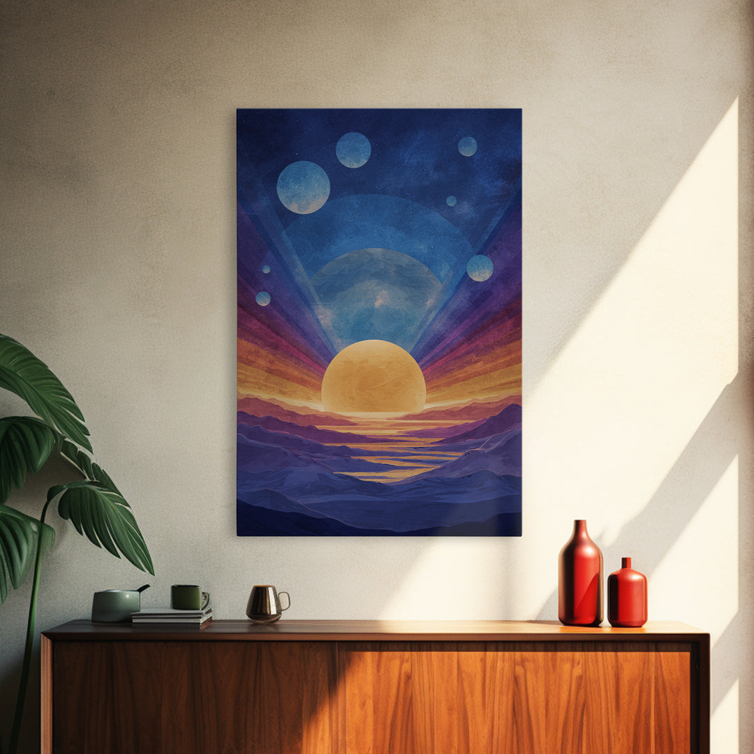 Blue Alien Sunrise Landscape Canvas Print, Modern Abstract Art, Retro Space Poster, Scenic Wall Decor, Bedroom Art Prints