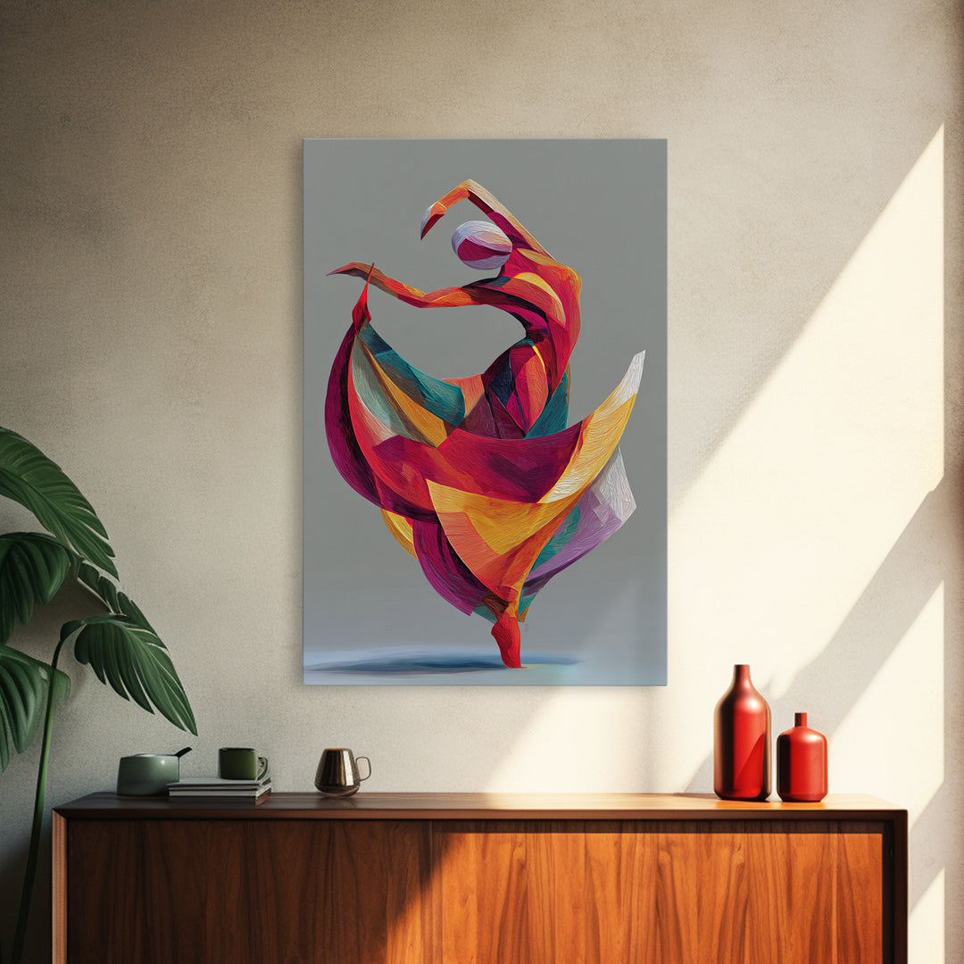 Colorful Geometric Dancer Framed Canvas Print, Modern Abstract Art, Bold MCM Wall Art, Textile Inspired Statement Decor Print