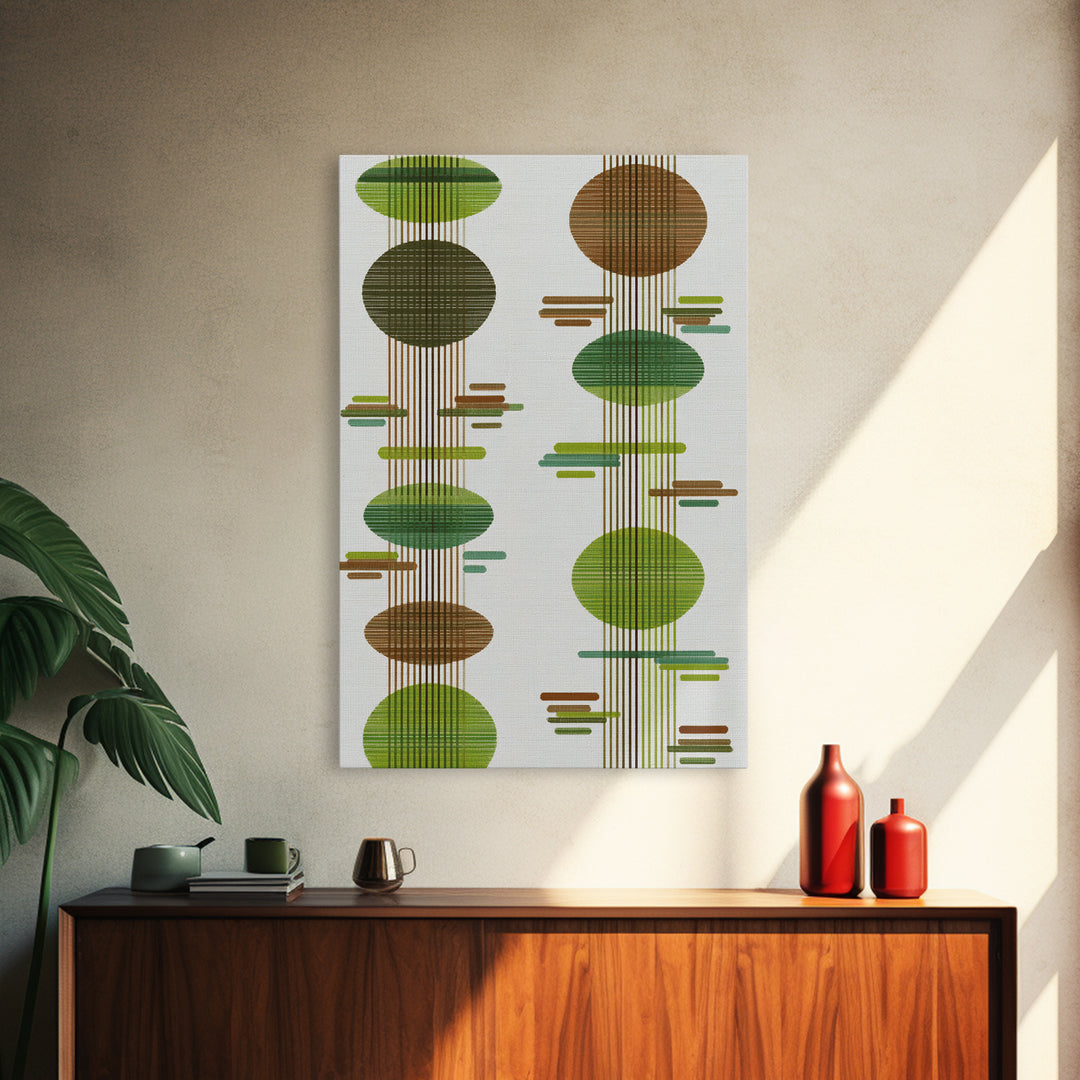 Green Brown Atomic Circles Midcentury Wall Art, Scandinavian Modern Decor, Geometric Abstract Art Print, Mcm Canvas Print