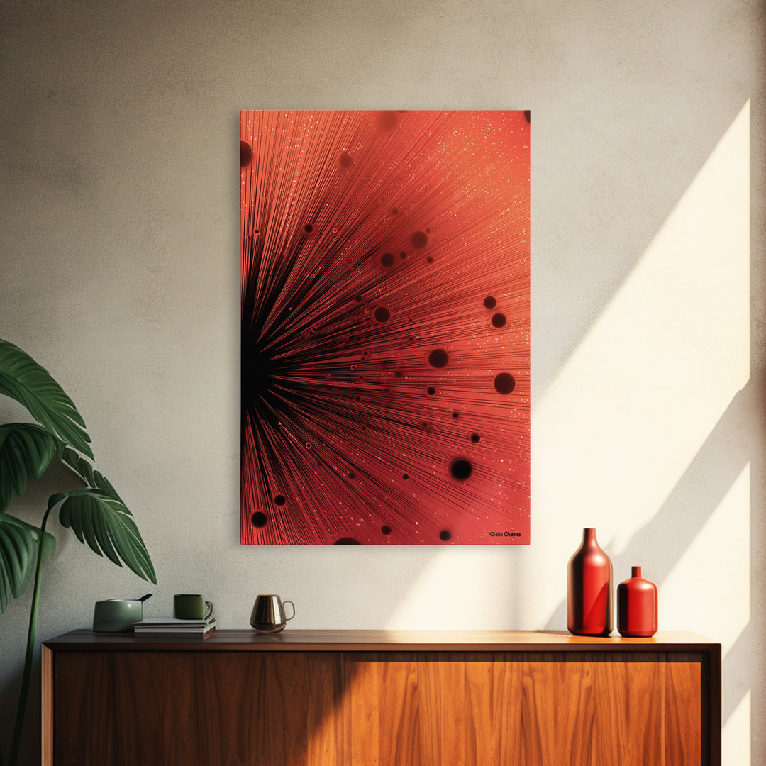 Red Cosmic Ray Explosion Framed Canvas Print, Abstract Sci Fi Wall Art, Red Planet Art, Modern Home Decor, Bold Office Poster