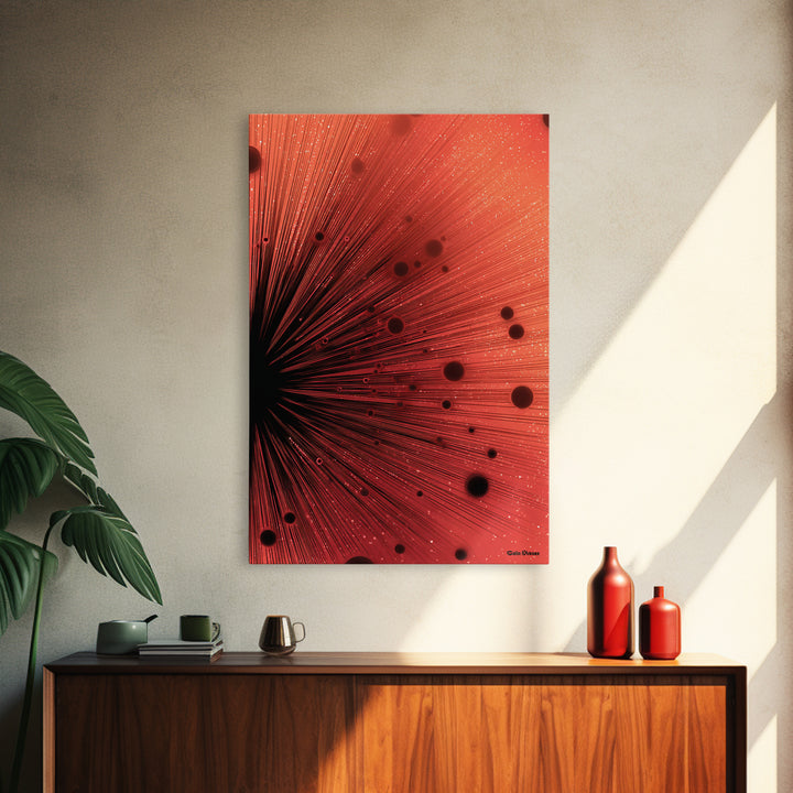 Red Cosmic Ray Explosion Framed Canvas Print, Abstract Sci Fi Wall Art, Red Planet Art, Modern Home Decor, Bold Office Poster