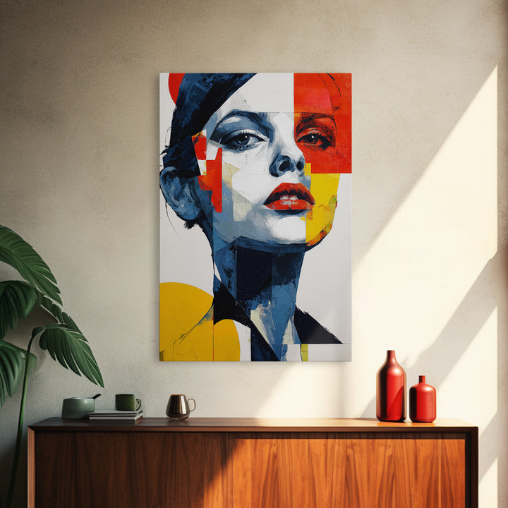 Bold Cubist Woman Portrait Framed Canvas Print, Red Yellow Blue Abstract Wall Art, Pop Art Poster, Modern Decor For Bedroom
