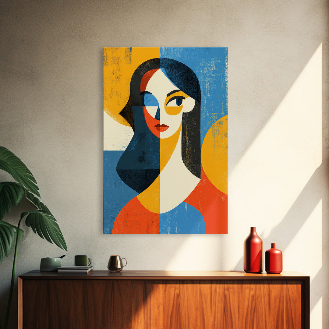 Geometric Midcentury Woman Portrait Canvas Print, Modern Abstract Art, Bauhaus Poster, Orange Blue Decor For Living Room