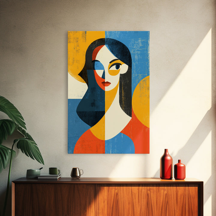 Geometric Midcentury Woman Portrait Canvas Print, Modern Abstract Art, Bauhaus Poster, Orange Blue Decor For Living Room