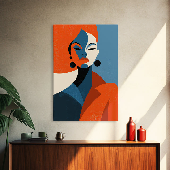 Elegant Orange Blue Woman Portrait Framed Canvas Print, Midcentury Modern Art, Fashion Wall Decor, Bold Retro Poster Gift