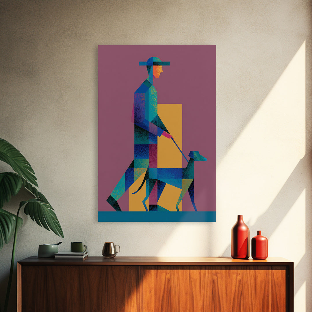 Geometric Man Walking Dog Canvas Print, Midcentury Modern Wall Art, Bauhaus Style Poster, Retro Pet Lover Home Decor Gift