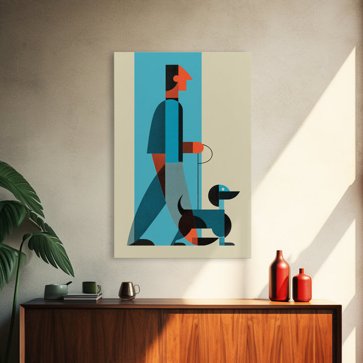 Midcentury Man With Dachshund Wall Art, Geometric Modern Art Print, Retro Dog Walker Poster, Minimalist Home Decor Gift For Dog Lovers