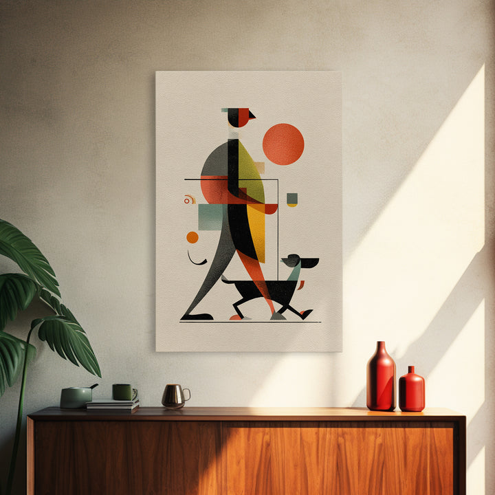 Bauhaus Man Walking Dog Framed Canvas Print, Midcentury Modern Wall Art, Geometric Sun Poster, Retro Home Office Decor Gift