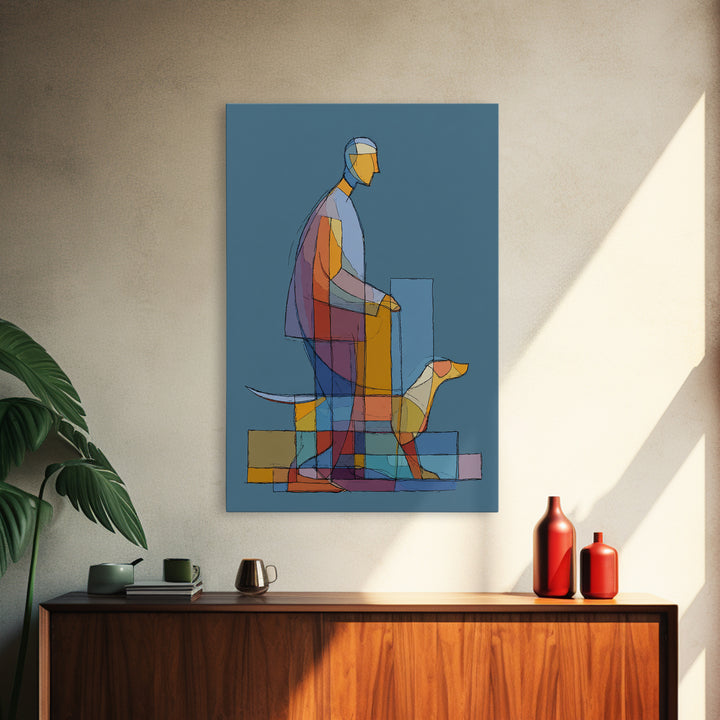 Transparent Geometric Man Dog Wall Art, Midcentury Modern Art Print, Abstract Line Drawing, Blue Bauhaus Living Room Decor
