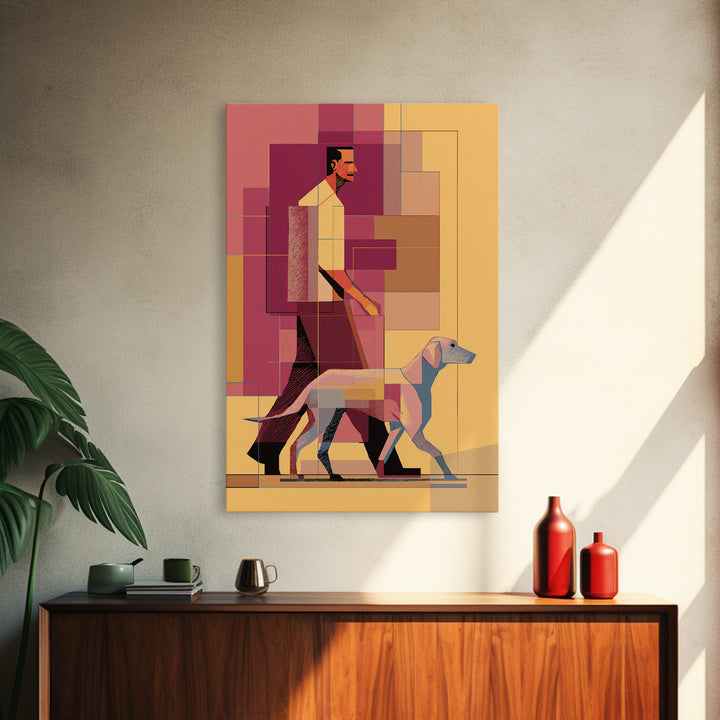 Pastel Man Walking Dog Canvas Print, Midcentury Modern Wall Art, Geometric Pink Orange Poster, Contemporary Pet Decor Gift