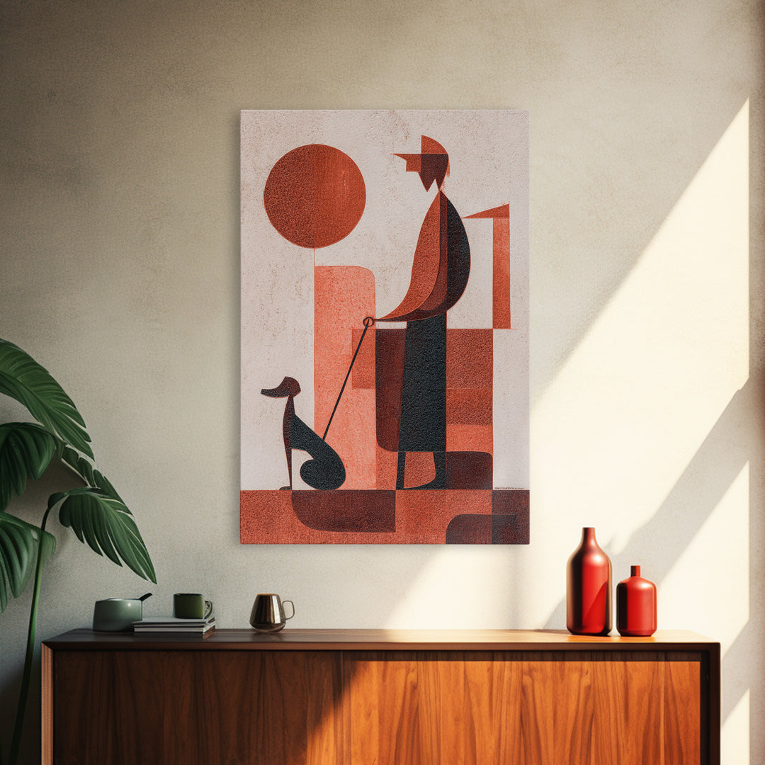 Retro Red Man With Dog Wall Art, Midcentury Modern Art Print, Geometric Sun Poster, Burnt Orange Home Decor Gift For Him