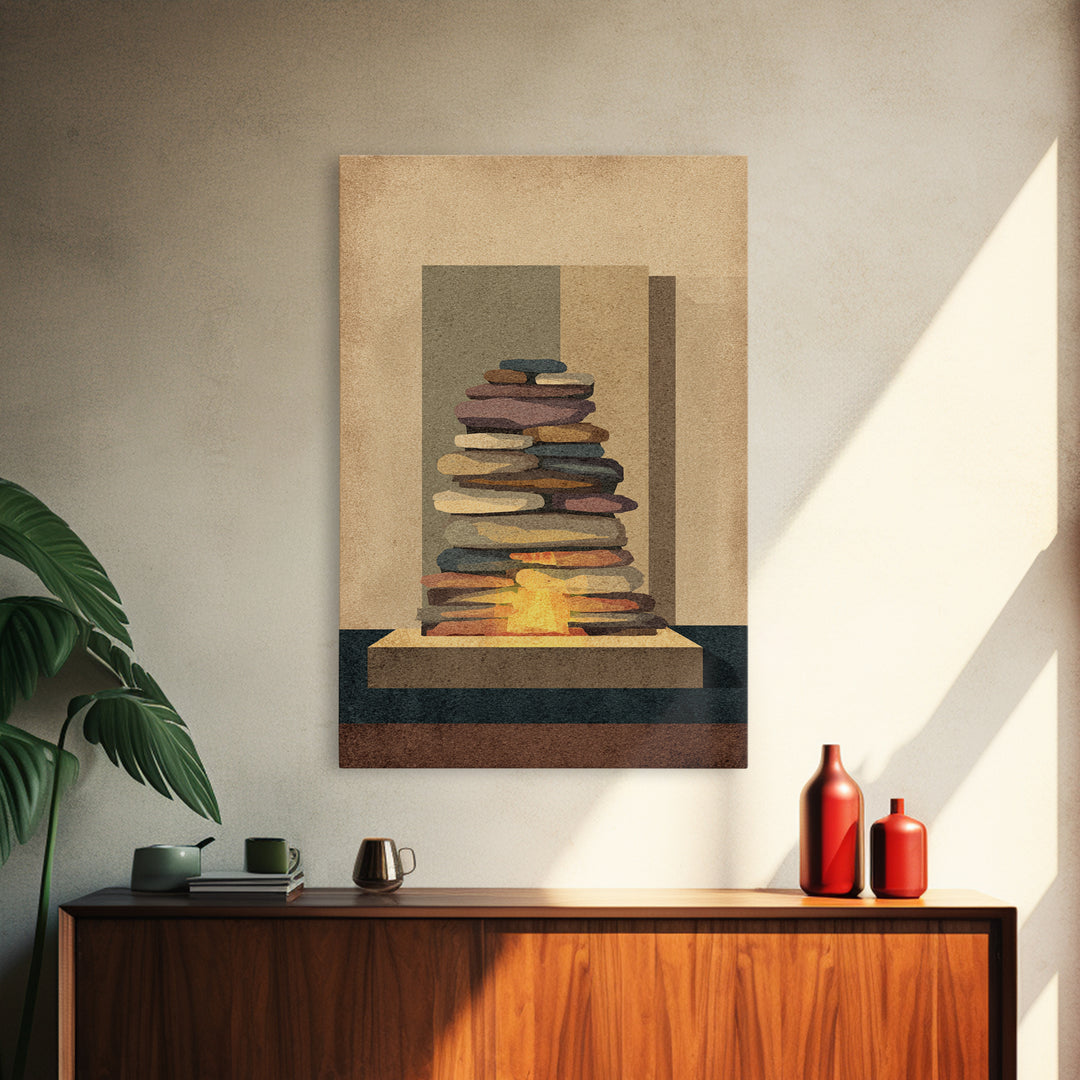 Stacked Stone Hearth With Glowing Fire Wall Art, Midcentury Modern Abstract Print, MCM Decor, Earth Tone Living Room Wall Decor