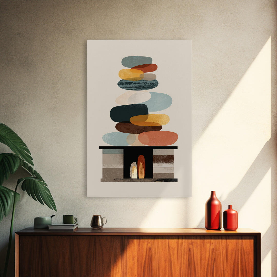 Balanced Pebble Stack Over Fireplace Framed Canvas Print, Midcentury Abstract Wall Art, Neutral MCM Decor, Colorful Home Art