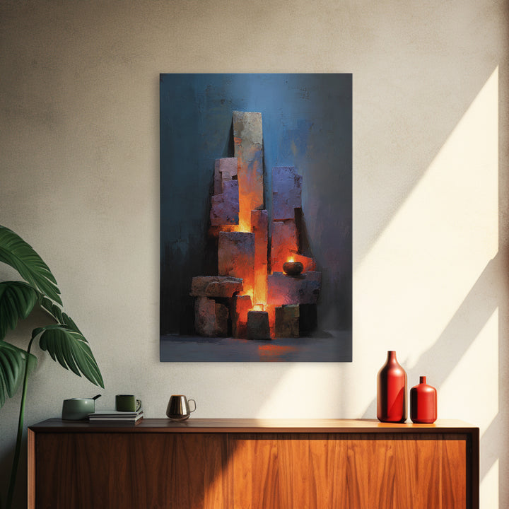 Glowing Brutalist Blocks And Candle Wall Art, Modern Abstract Art Print, Moody Blue Orange Decor, Industrial Home Office Poster